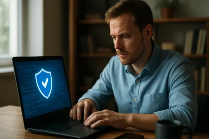 Egy férfi vírusirtó szoftvert használ számítógépén kártevők védelmére.