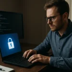 Férfi a laptopon biztonsági zárral a Secure Boot rendszerindítás ellenőrzéséhez