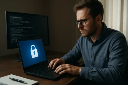 Férfi a laptopon biztonsági zárral a Secure Boot rendszerindítás ellenőrzéséhez