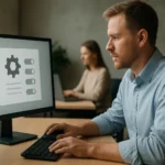 Férfi a számítógép előtt alapértelmezett beállításokat állít be