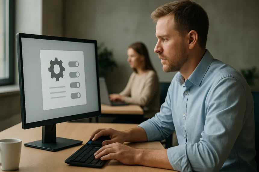 Férfi a számítógép előtt alapértelmezett beállításokat állít be
