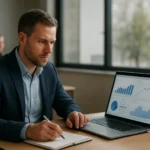 Férfi üzletember elemzi az adatokat egy laptopon, fókuszálva a hatékony működésre.