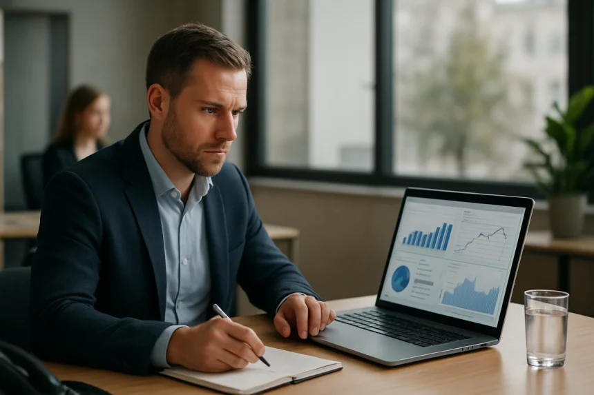 Férfi üzletember elemzi az adatokat egy laptopon, fókuszálva a hatékony működésre.