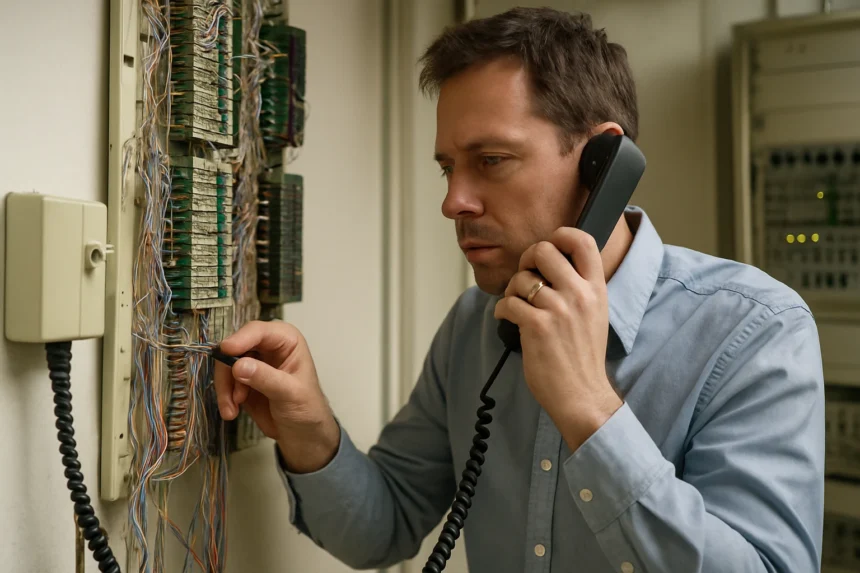 Férfi hagyományos telefon hívás közben analóg rendszer mellett