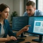 Férfi és nő informatikai stúdióban a zöld-kék telepítési stratégiáról beszélgetnek.