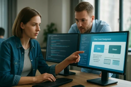 Férfi és nő informatikai stúdióban a zöld-kék telepítési stratégiáról beszélgetnek.