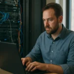 Információtechnológiai szakember dolgozik laptopján adatközpontban