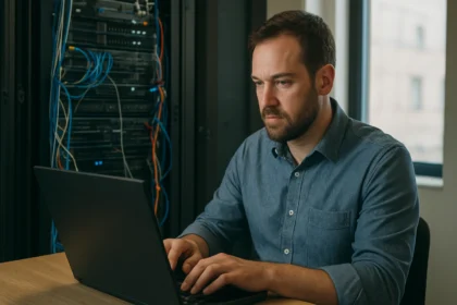 Információtechnológiai szakember dolgozik laptopján adatközpontban