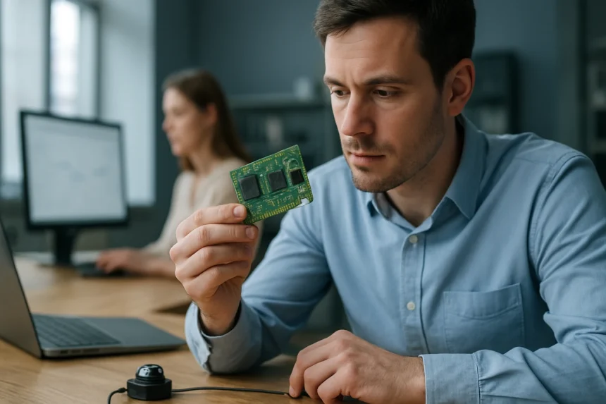 Férfi szenzort vizsgál egy számítógép előtt, érzékelő technológia