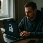 Férfi a laptopon kiberbiztonsági intézkedéseken dolgozik.