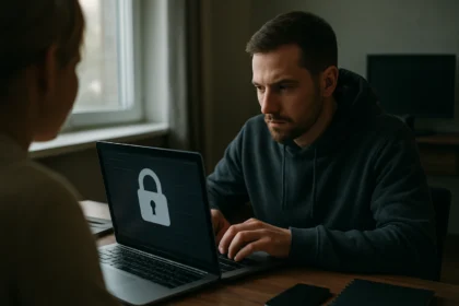 Férfi a laptopon kiberbiztonsági intézkedéseken dolgozik.