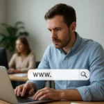 Férfi laptopot használ a domain nevek keresése közben