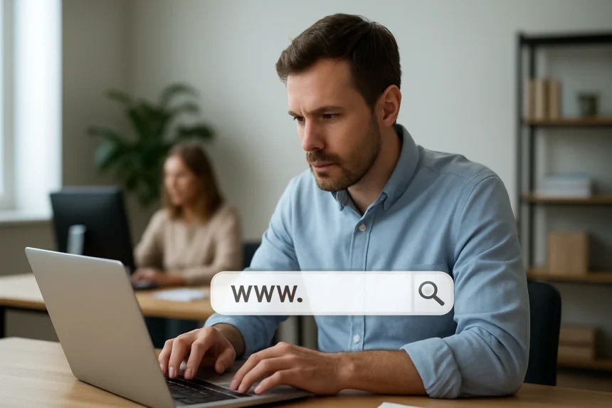 Férfi laptopot használ a domain nevek keresése közben