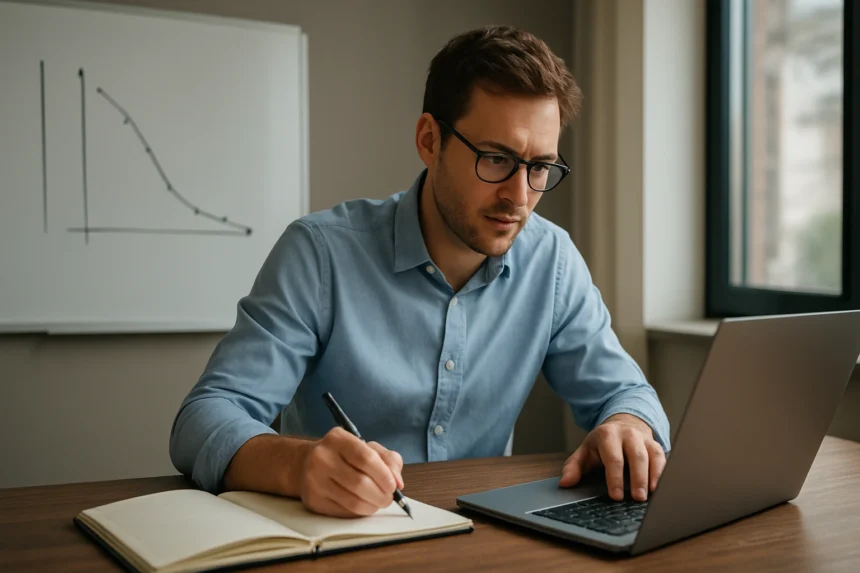 Férfi gradiens ereszkedés optimalizációval foglalkozik számítógép előtt