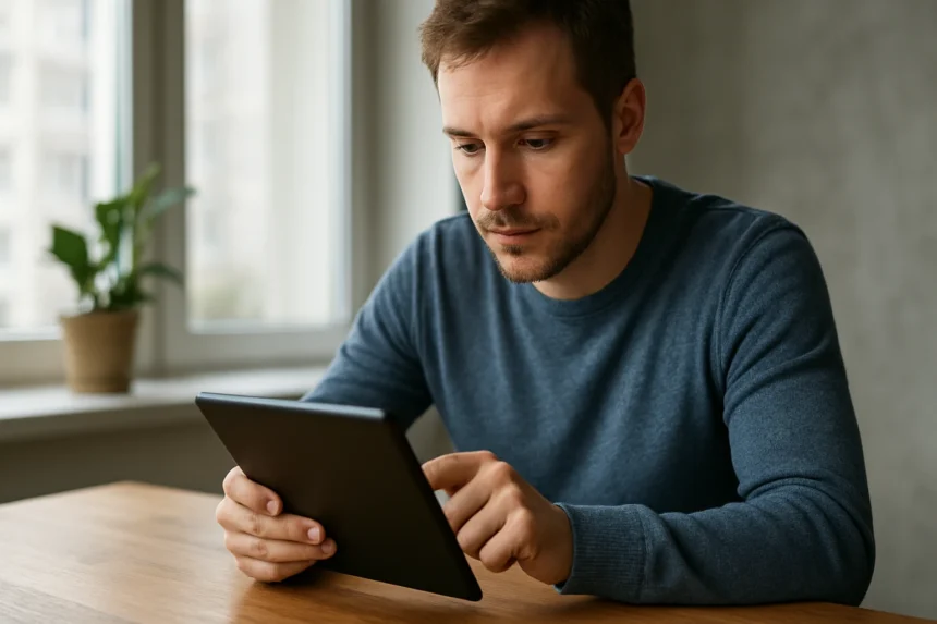 Férfi táblagépen internetet használva egy asztal mellett.