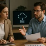 Férfi és női szakemberek adatvitelről beszélgetnek számítógép előtt.