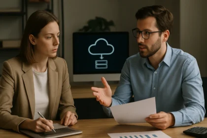 Férfi és női szakemberek adatvitelről beszélgetnek számítógép előtt.