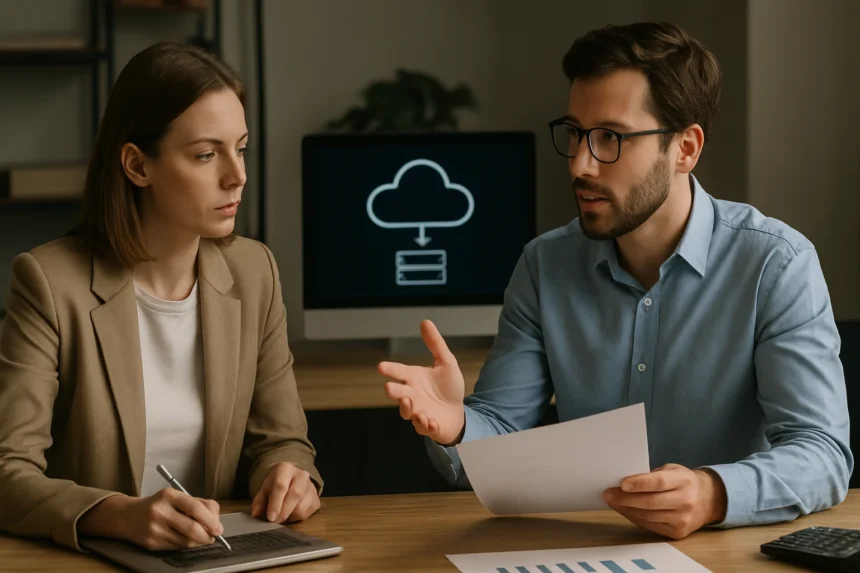 Férfi és női szakemberek adatvitelről beszélgetnek számítógép előtt.