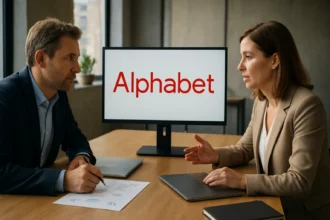 Alphabetról beszélgető emberek egy modern irodában