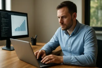 Férfi számítógépen dolgozik, háttérben grafikonokkal.
