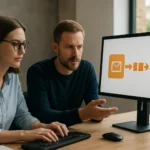 Két ember beszélget aszinkron üzenetkezelésekről számítógép előtt.