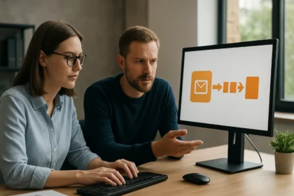 Két ember beszélget aszinkron üzenetkezelésekről számítógép előtt.