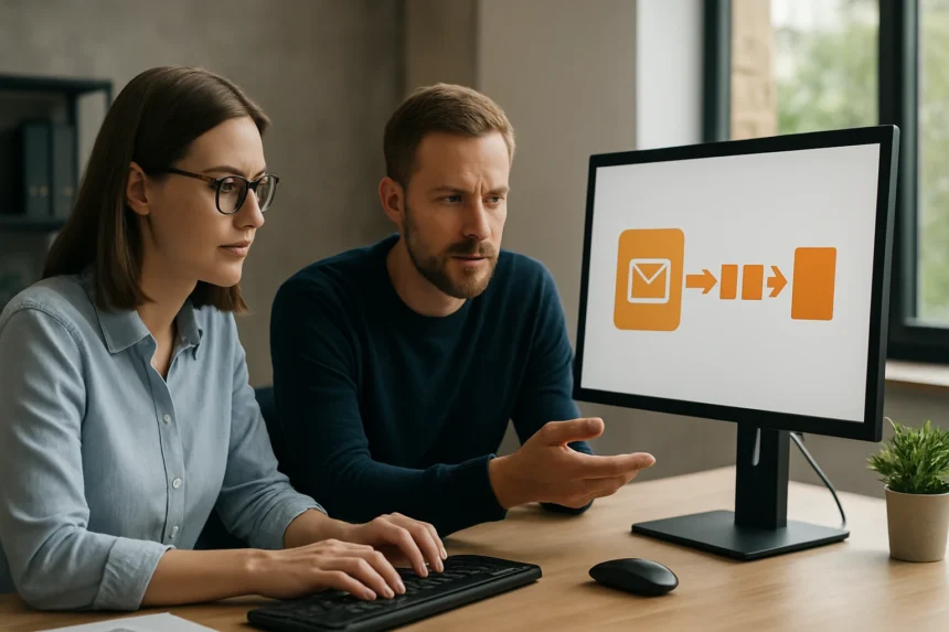 Két ember beszélget aszinkron üzenetkezelésekről számítógép előtt.