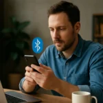 Férfi Bluetooth technológia használata okostelefonnal és laptoppal.