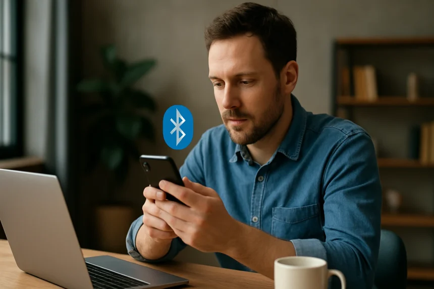 Férfi Bluetooth technológia használata okostelefonnal és laptoppal.