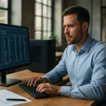 Adatbázis adminisztrátor munkája közben számítógép előtt