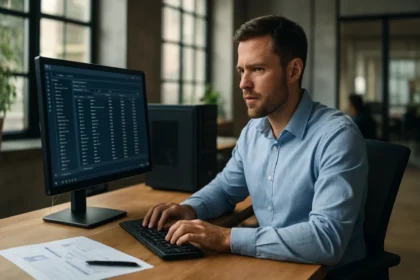 Adatbázis adminisztrátor munkája közben számítógép előtt