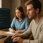 Programozók forráskódot olvasnak és jegyzetelnek.