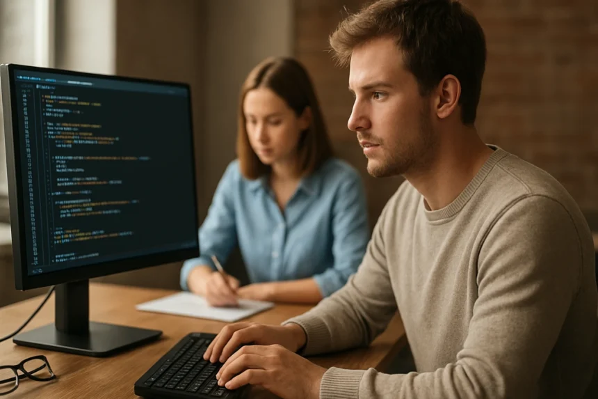 Programozók forráskódot olvasnak és jegyzetelnek.