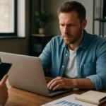 Férfi, aki laptop előtt ül és visszamutató linkekről dolgozik.