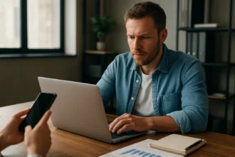 Férfi, aki laptop előtt ül és visszamutató linkekről dolgozik.