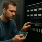 Férfi hardveres RAID rendszer konfigurálása egy adatközpontban.