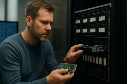 Férfi hardveres RAID rendszer konfigurálása egy adatközpontban.