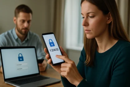 Nő többfaktoros hitelesítést végző digitális eszközt használ.