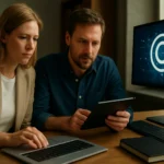 Két ember, akik digitális jogokat és tartalomvédelmet kezelnek.