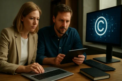 Két ember, akik digitális jogokat és tartalomvédelmet kezelnek.