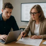 Két szakember rendszerszintű modellezést végez a SysML nyelv keretein belül.