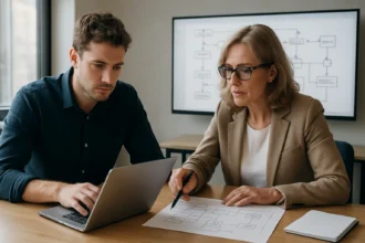 Két szakember rendszerszintű modellezést végez a SysML nyelv keretein belül.