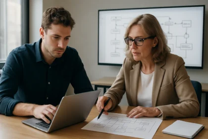 Két szakember rendszerszintű modellezést végez a SysML nyelv keretein belül.