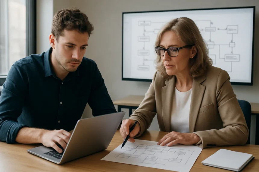 Két szakember rendszerszintű modellezést végez a SysML nyelv keretein belül.