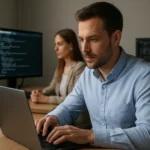 Férfi számítógépes munka közben, statikus IP cím konfigurálása.