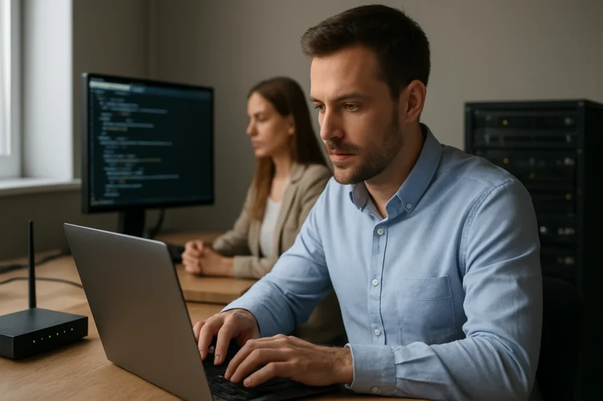 Férfi számítógépes munka közben, statikus IP cím konfigurálása.