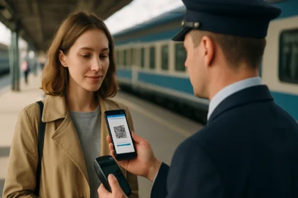 Utazó digitális jegyet mutat elektronikus eszközön a vasúti ellenőrnek