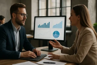 Két szakember beszélget a pénzügyi riportokról az irodában