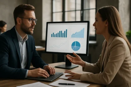 Két szakember beszélget a pénzügyi riportokról az irodában