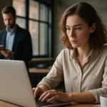 Nő laptopon dolgozik közösségi média menedzsmenttel.